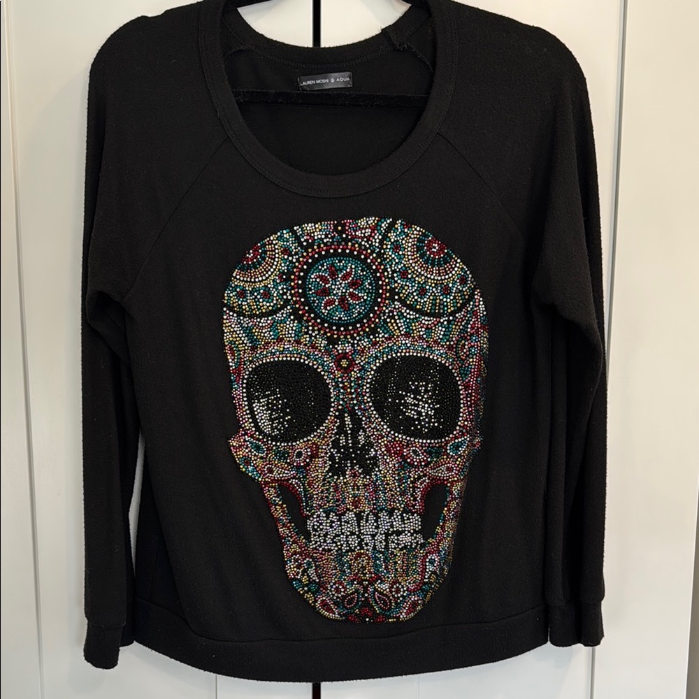 Lauren Moshi ☮️ Aqua Black Skull Embellished Sweater